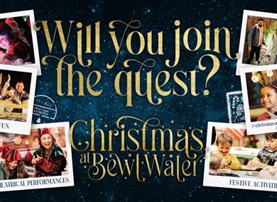 Christmas at Bewl Water - Poster for “Christmas at Bewl Water” with gold text on a starry background and photos of festive activities and performances