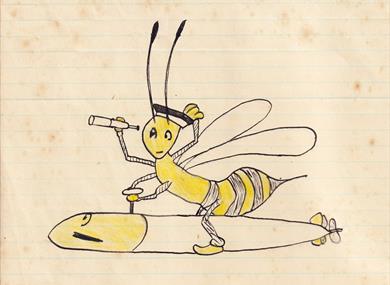 A hand-drawn cartoon of a hornet character wearing a sailor hat, holding a telescope in one hand, while riding on top of a large torpedo or missile. T