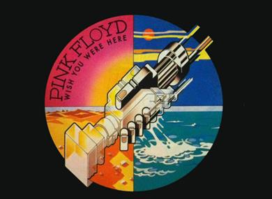 Album cover of Pink Floyd's Wish You Were Here. There is a circle split into four sections and colours - pink, blue, orange and turquoise. There are t