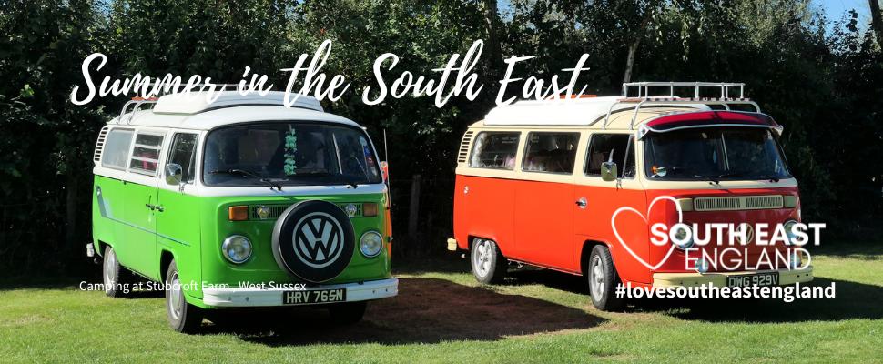 VW Motorhomes at Stubcroft Farm campsite this summertime in West Sussex