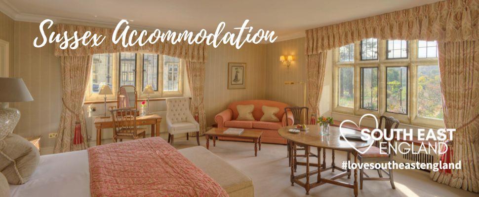 Bedroom at Gravetye Manor hotel in East Grinstead, West Sussex