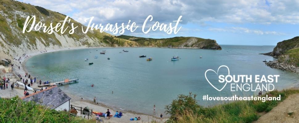 Iconic image of Lulworth Cove along the Jurassic Coast.