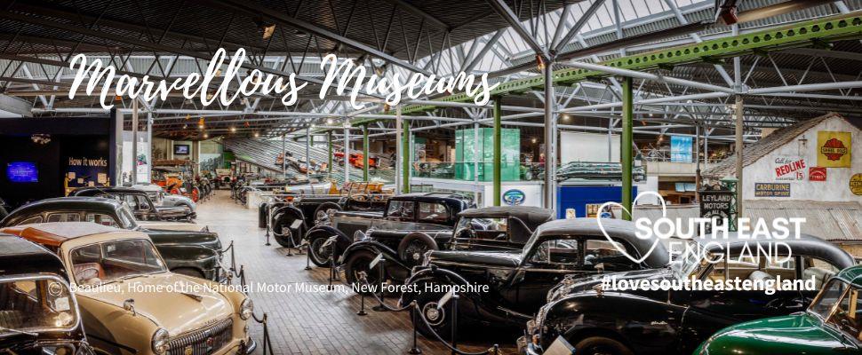 View of inside of National Motor Museum at Beaulieu in the New Forest - one of the marvellous museums to visit in South East England