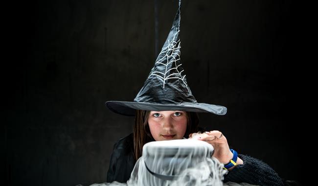 A young girl dressed as a witch with a cauldron bubbling over in front of her.