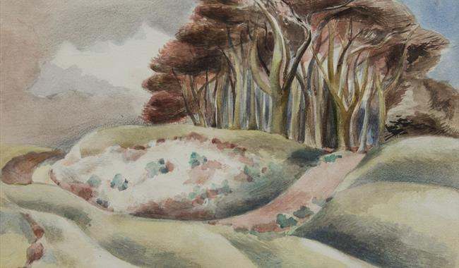 A landscape by Nash, consisting of muted greens and rolling hills.