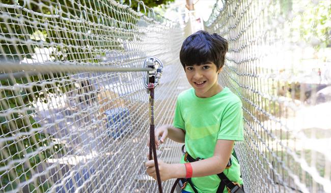 Child clipped on and taking part on the Go Ape tree top challenge course at Go Ape Crawley in West Sussex