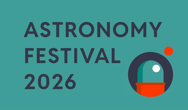 Graphic reading “Astronomy Festival 2026” on a teal background with a simple telescope icon.