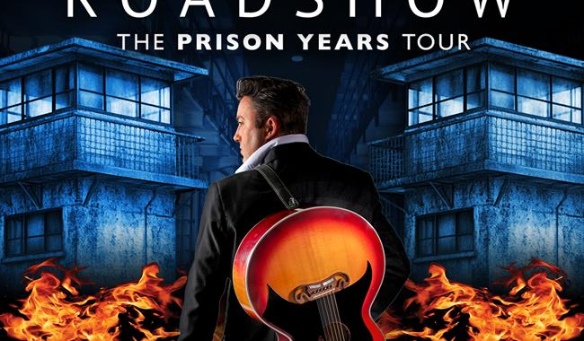 Text: Johnny Cash Roadshow Image: Clive John as Johnny Cash