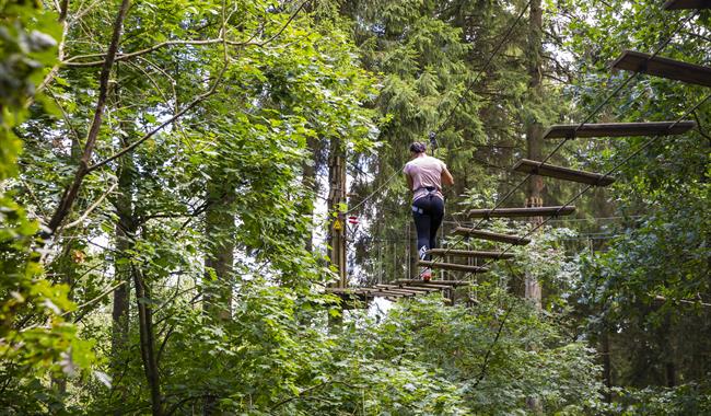 Customer swinging into a tarzan net at Go Ape Bracknell