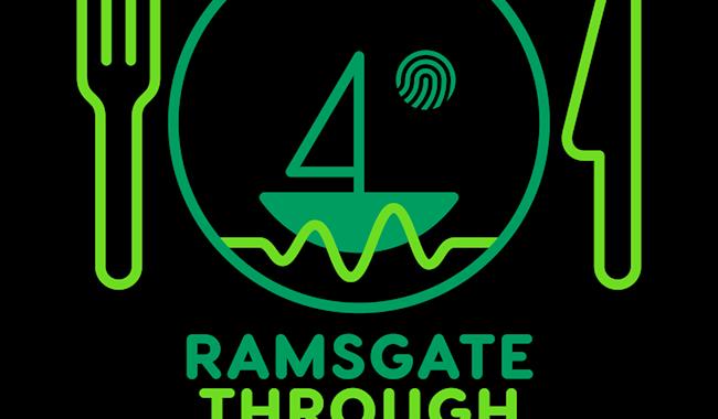 Mx of greens - plate with knife and folk beside and boat design on plate. Green text Ramsgate through the senses