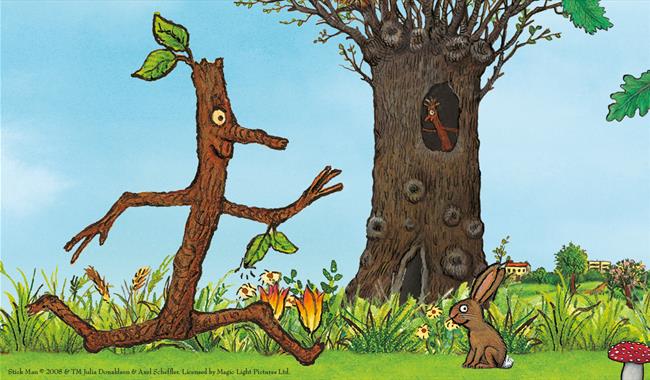 An illustration of Stick Man running back to the family tree