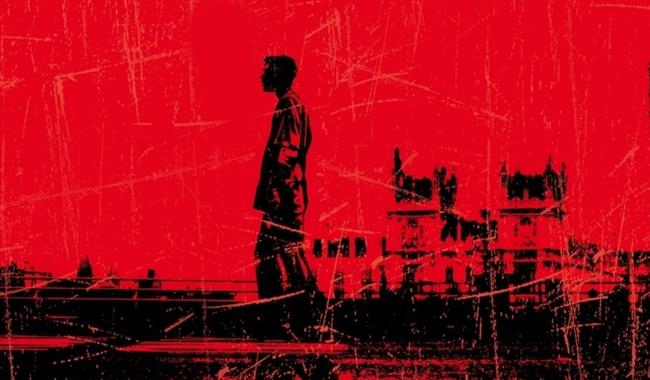 28 days later movie poster. Red background with a black silhouette of a man walking through London with Big Ben in the background.