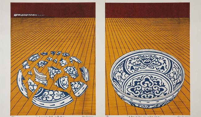 Two prints in bold yellow, red and black colour depicting a china bowl shattered on the left and whole on the right.