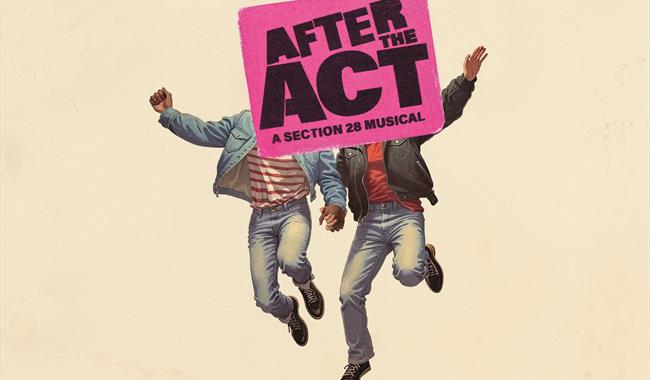 An illustration of two people holding hands and jumping with their free arms outstretched. Over their faces is a bright pink poster that reads 'After