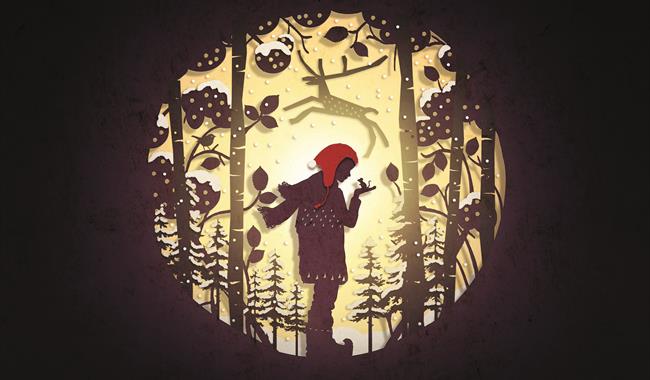 A circular cut-out silhouette, like an old-fashioned fairy story image, shows a boy wearing a red cap, a scarf, coat and boots, holding up his hand on