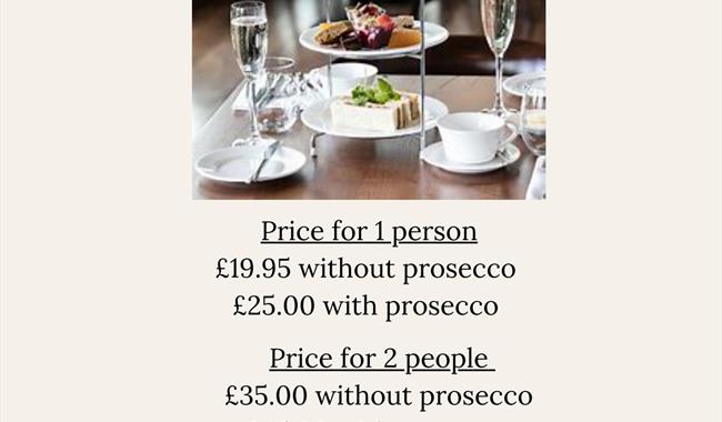 Afternoon Tea Pricing: £19.95 per person without Prosecco, £25.00 per person with Prosecco. Special offer for two – £35.00 without Prosecco, £45.00 wi