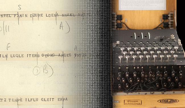 A picture of some codebreaking work and an Enigma machine