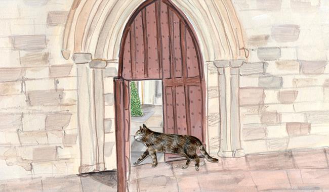 An illustration of the a brown and white cat going through a dark wooden door