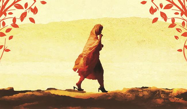 A girl in an orange hijab and abaya walks along rough terrain. The landscape is shades of yellow and mountainous. There are drawing of orange leaves a