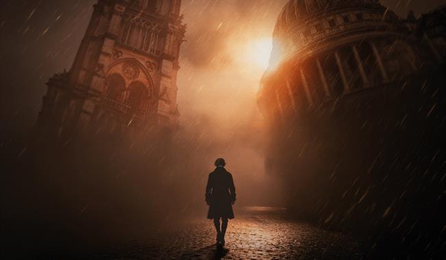 A man in a Victorian frock coat, seen from behind, walks through driving rain across a cobbled street. On either side of him loom one of the towers of