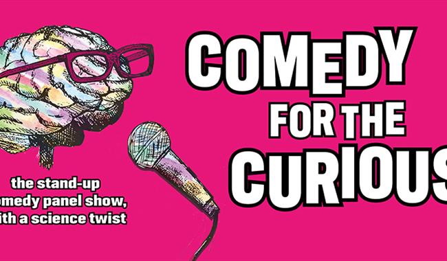 Pink background with Comedy For The Curious logo that consists of a cartoon brain that is wearing glasses and then speaking into a microphone