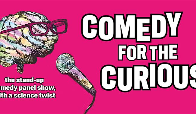 Logo of brain with mic, and title Comedy for the Curious: the science comedy panel show