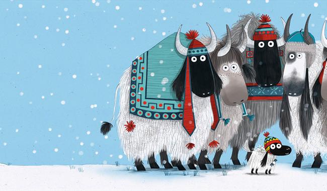 Five illustrated yaks with large horns are dressed in woolly clothing standing around the littlest yak in the middle, much smaller than the rest. She