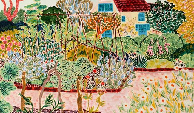A painting of a garden with a house