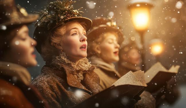 Women singing outside underneath a street lamp
