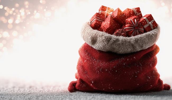 an overflowing sack of christmas presents