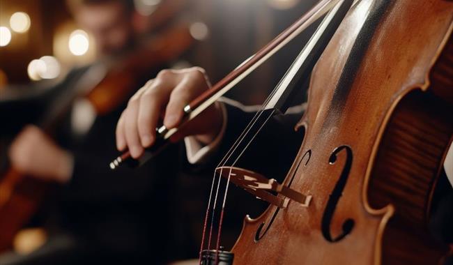 Close-up of a cello and bow during a classical music performance
