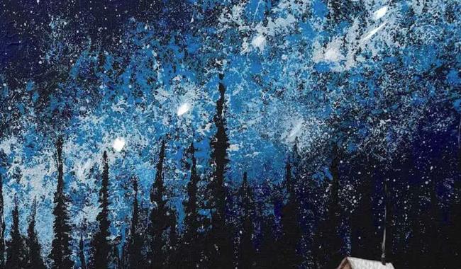 Painting of a cottage in the snow in a forest with the milky way shining in the sky
