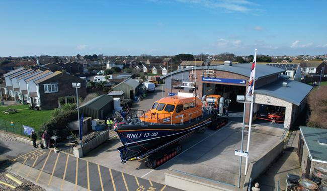 Selsey Lifeboat Station taken from an elevated height from a drone showing the all weather lifeboat on the apron