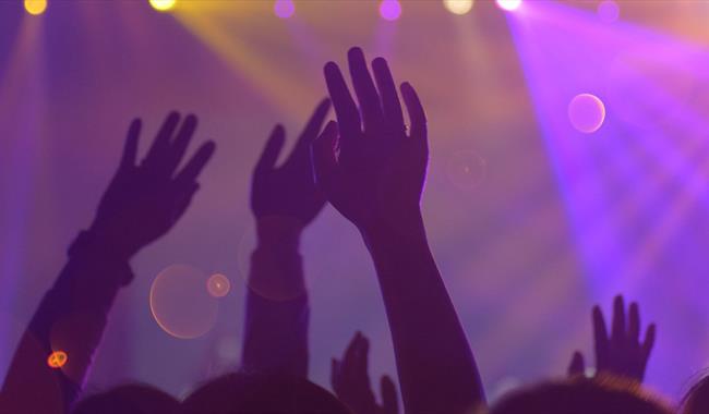 People at a concert with arms in the air