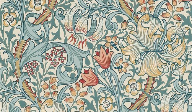 'Golden Lily' design by Morris & Co. The design features the classic William Morris wallpaper style, with ornamental leaves. Most of the design is in