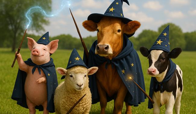 farm animals dressed up in wizard outifts with a meadow as the background