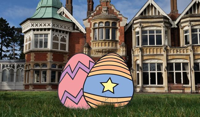 Easter eggs outside The Mansion at Bletchley Park