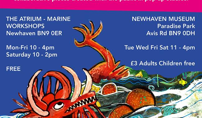 Printed flyer on dark blue background, white writing and illustrated images of a witch in small boat and a red dragon.