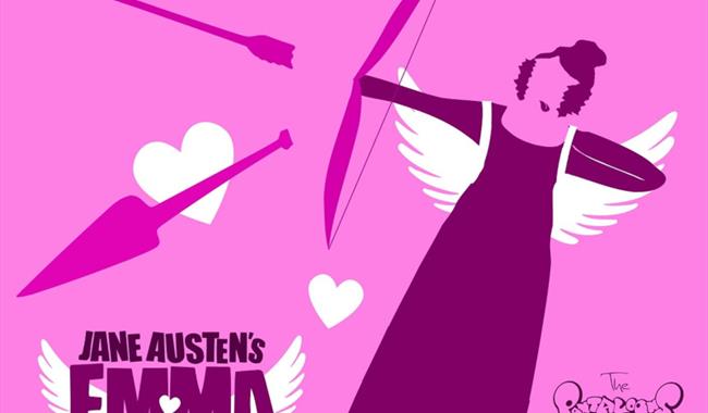 On a pink background is a tilted outline of a regency lady firing arrows at hearts. Text reads 'Jane Austen's Emma' and 'The Pantaloons'