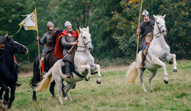 Mounted reenactors in medieval armour charge across a field at a Battle of Hastings event at Battle Abbey.
