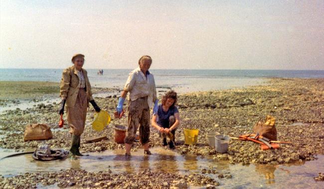 A group of people on a beach digging a large hole