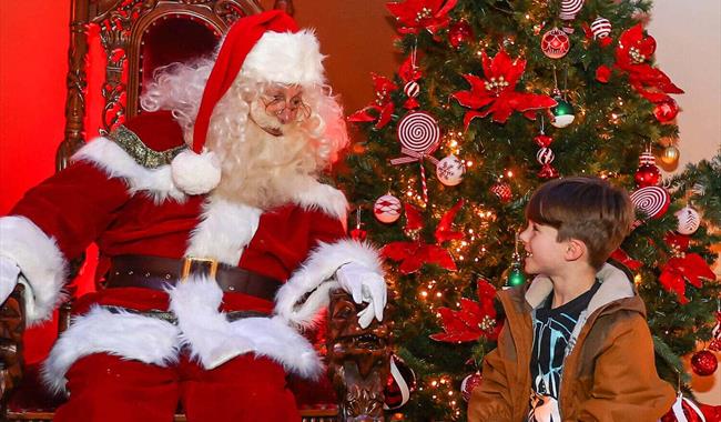 Father Christmas and a child with a Christmas tree in the background.