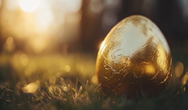 A golden easter egg sat on the grass