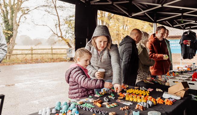 lady and girl looking at a market stall