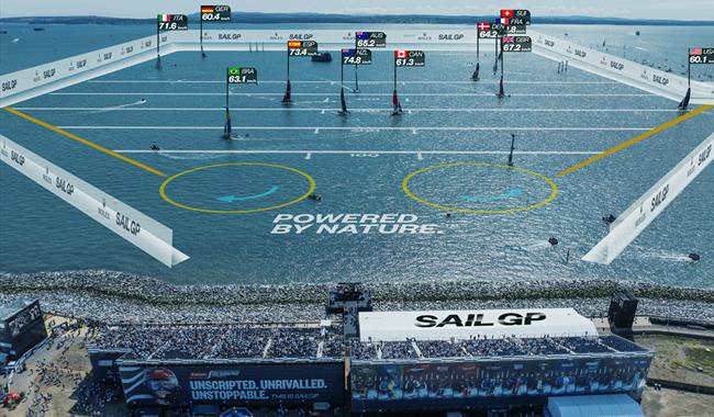 Aerial photograph of SailGP taking place on The Solent