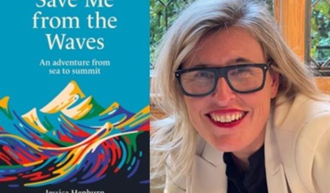 Photograph of author Jessica Hepburn and her book 'Save Me from the Waves'.