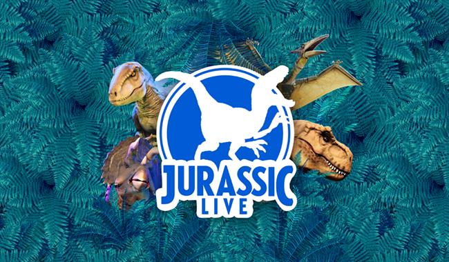 Logo for Jurassic Live, featuring some of the dinosaur puppets around the logo, which features the show title in blue font.