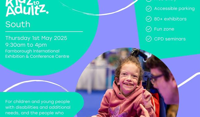 Promotional poster for Kidz to Adultz South, an event for children and young people with disabilities and additional needs, along with their supporter
