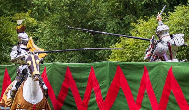 Knights competing in the grand medieval joust at the Legendary Joust at Carisbrooke Castle, history event, what's on