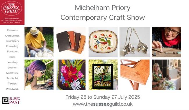 An image grid showing images of handmade crafts and craft demonstrations including ceramics, stained glass, embroidery, jewellery, leather accessories